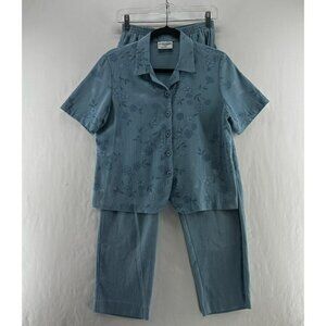 Alfred Dunner Floral Drawstring Pants Short Sleeve Set Womens 10P Crinkled Teal